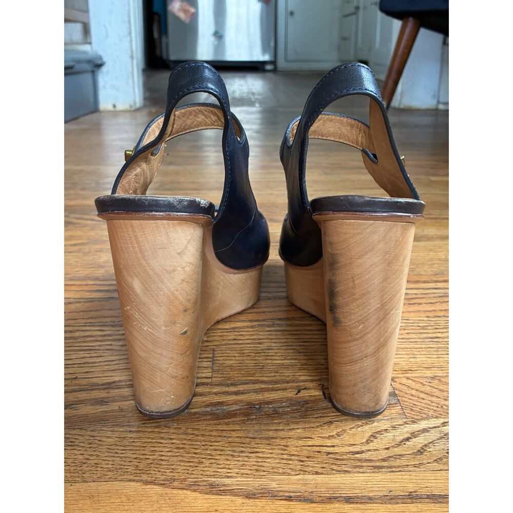 COACH Vintage Blue Wood Platform Peep Toe Wedge Heels Sandals  Women's Size 8.5 - Picture 6 of 12